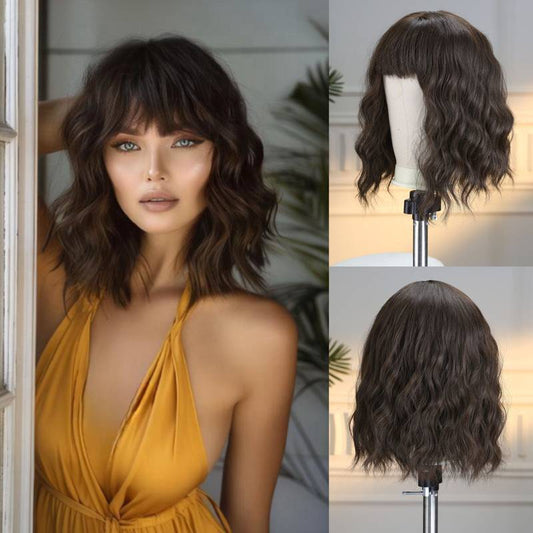 Elegant Brown Curly Bob Wig with Bangs